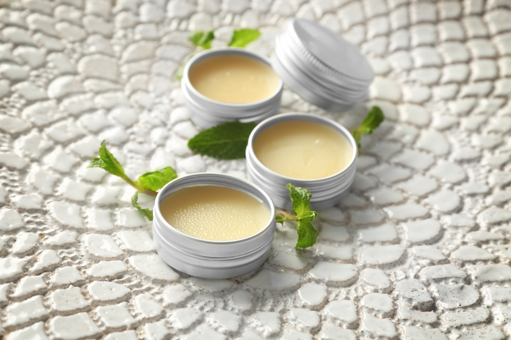 Containers with Lemon Balm Salve and Leaves on Textured Surface